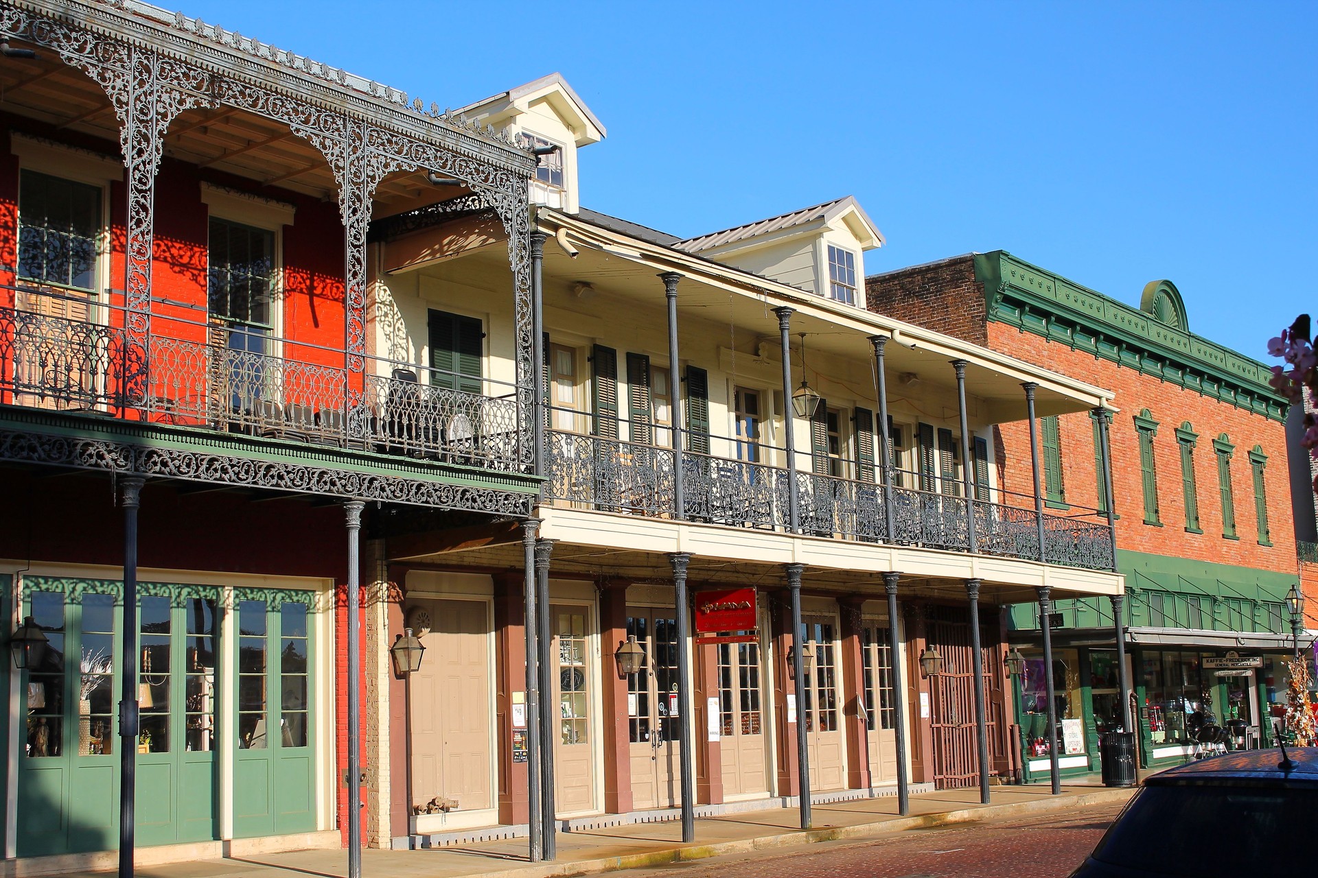 The Ducournau Building in Natchitoches, Louisiana has a wrought iron balcony.